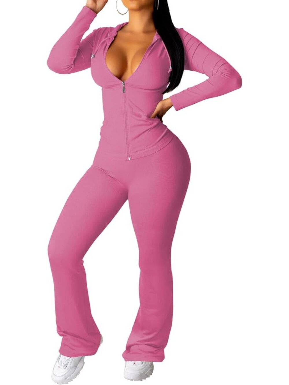 Women's  2 Piece Sets Pink Track Suit Casual Long Sleeve Sweatpants Outfit